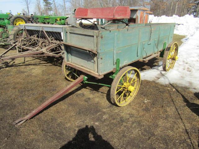 489. Wooden Double Box with Spring Seat on John Deere Steel Wheel Wagon