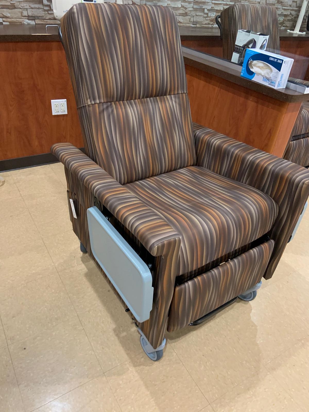 Dialysis Chair, reclining, fold away side tables, swing away arms, made by Champion Manufacturing