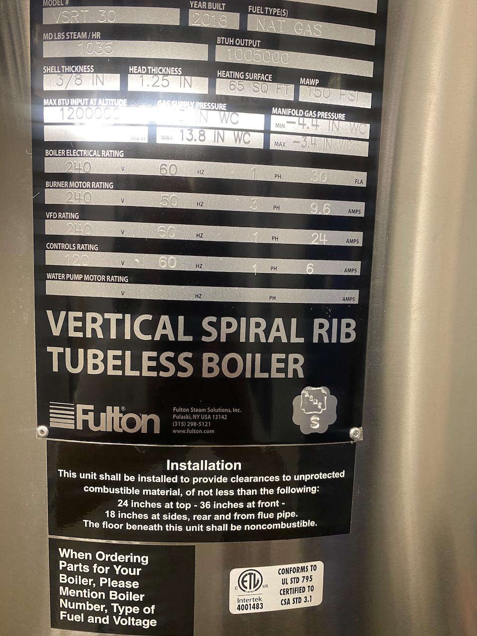Boiler (2018 Fulton Vertical Spiral Rib Tubeless Natural Gas). Model #VSRT 30 Serial #VP-A-92