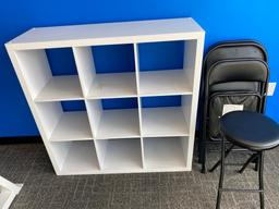 9 Cube Storage Unit, (5) Folding Chairs & (1) Folding Stool