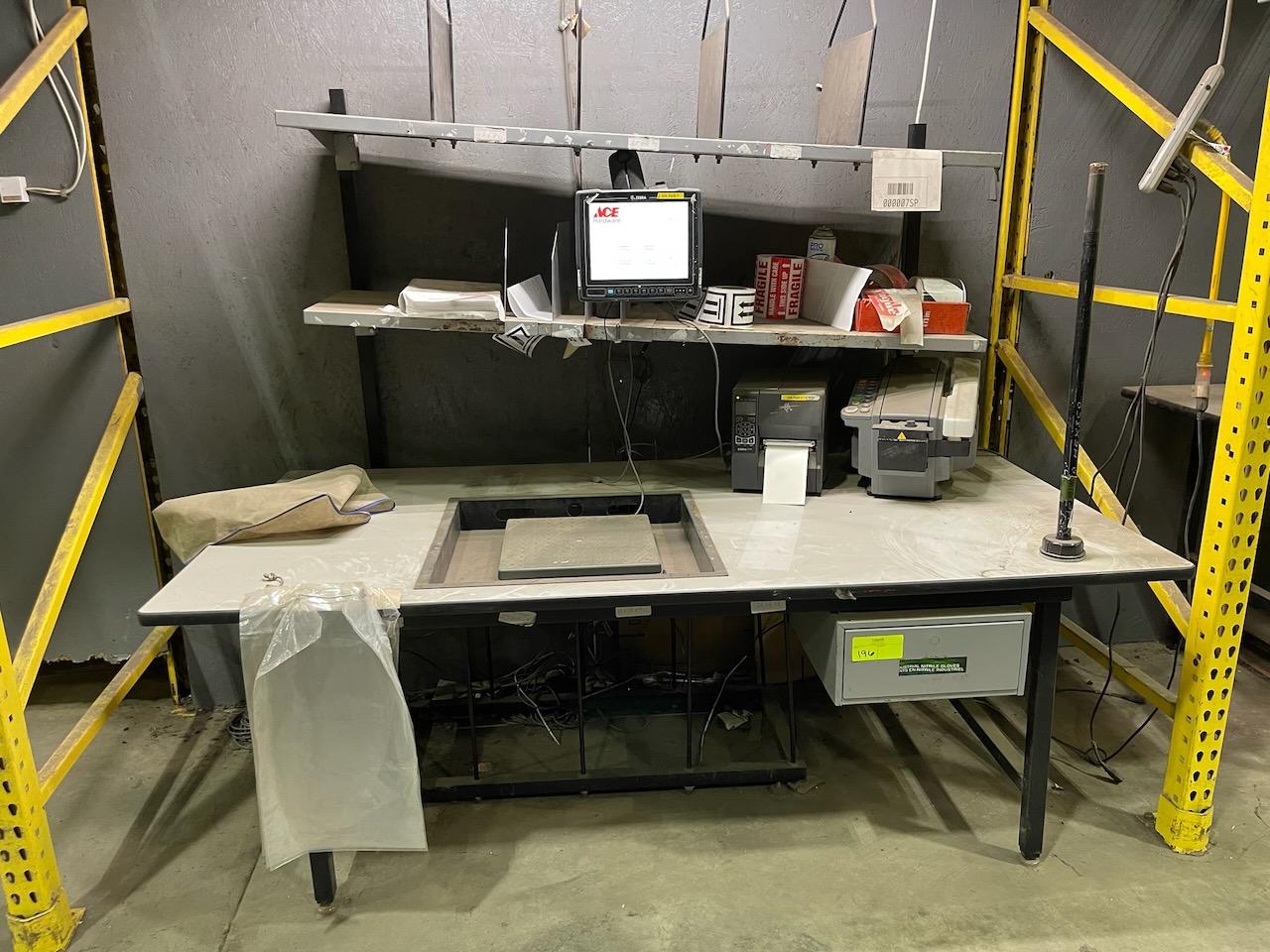 Shipping Desk w/ Fairbanks Scale, Zebra Printer, Better Pack Dispenser, Zebra Monitor