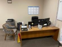 Operation Mrg. Office & Contents - Desk, chairs, mini refrigerator, laminator, dry erase board, book