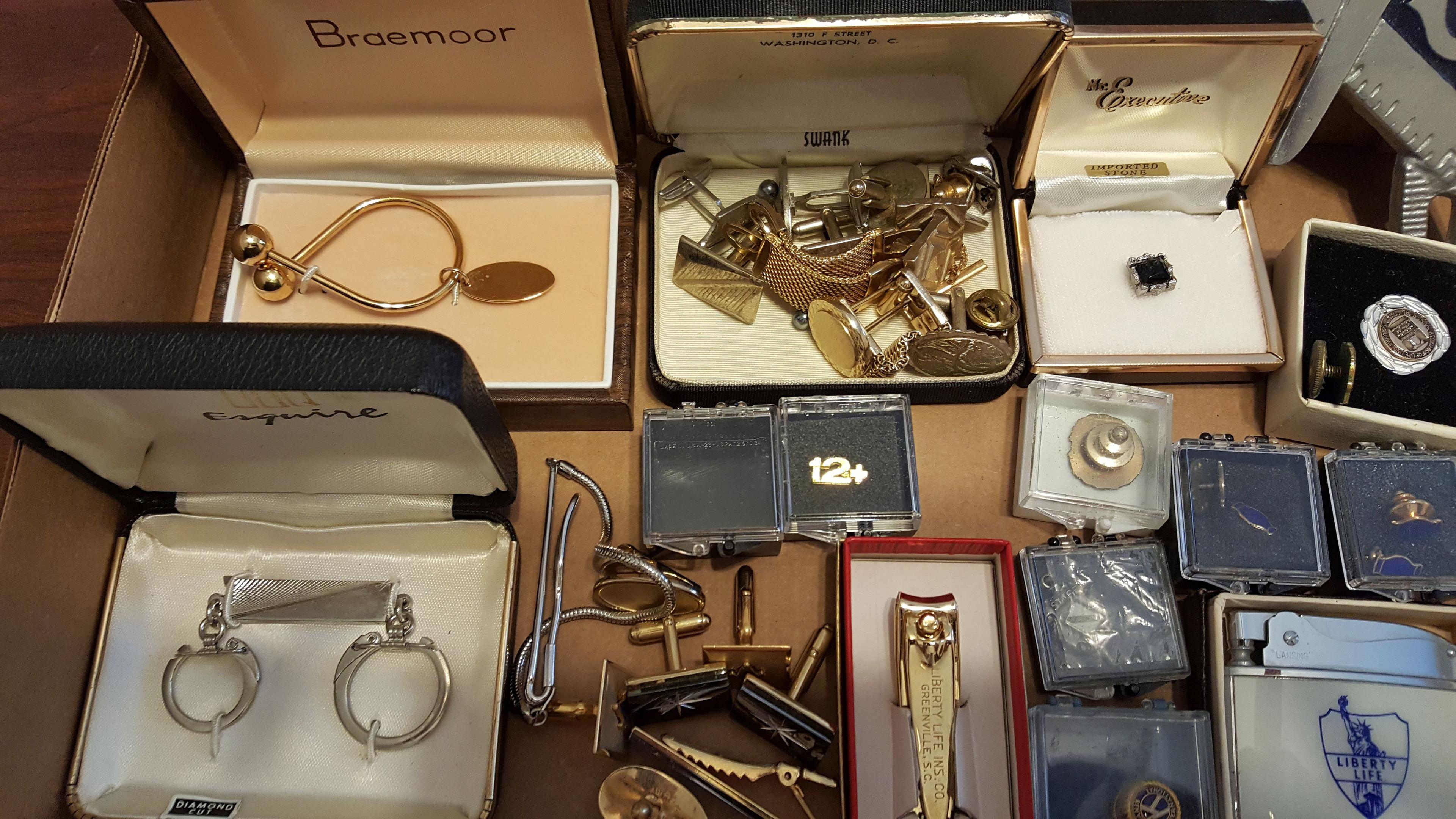 Box lot of Cufflinks, Lighters, Tie Pins, Masonic Items