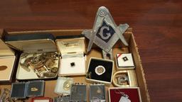 Box lot of Cufflinks, Lighters, Tie Pins, Masonic Items