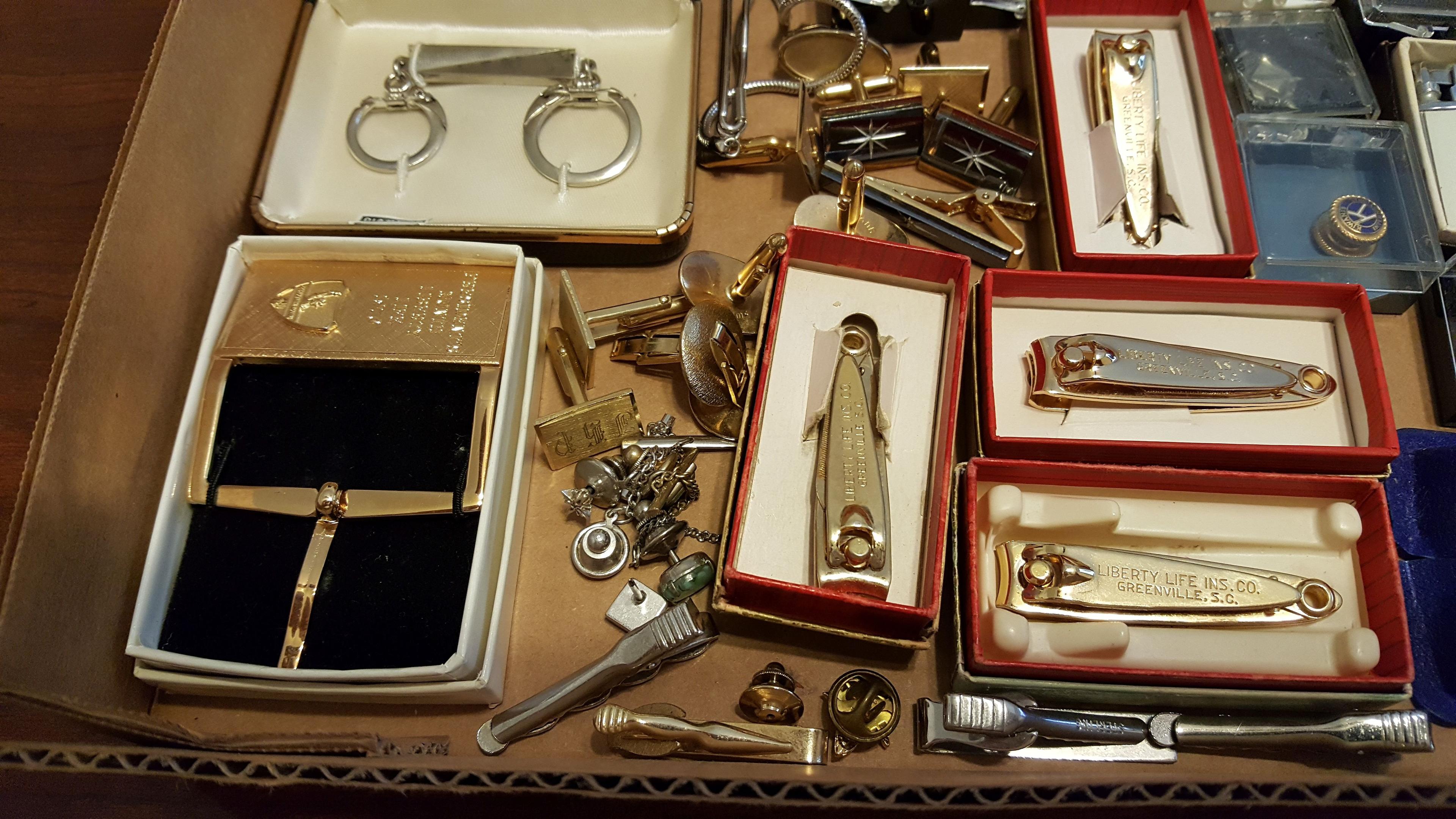 Box lot of Cufflinks, Lighters, Tie Pins, Masonic Items