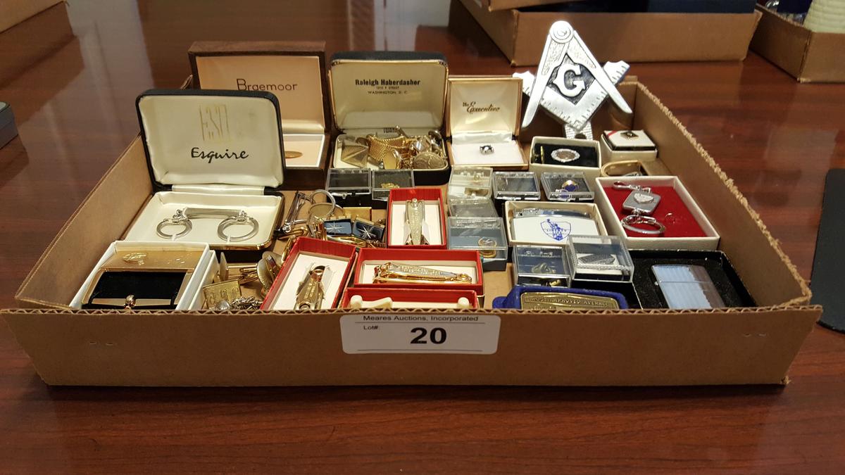 Box lot of Cufflinks, Lighters, Tie Pins, Masonic Items