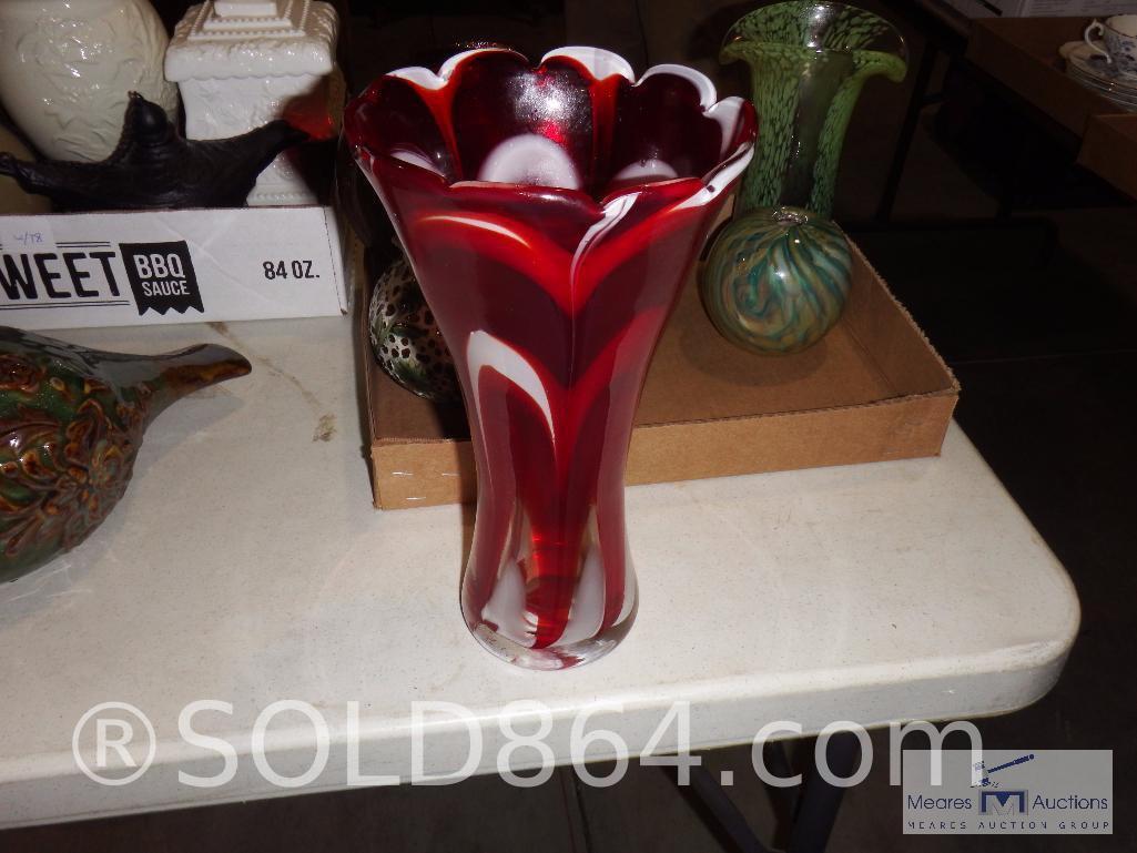 Three full boxes of decorative vases and glassware