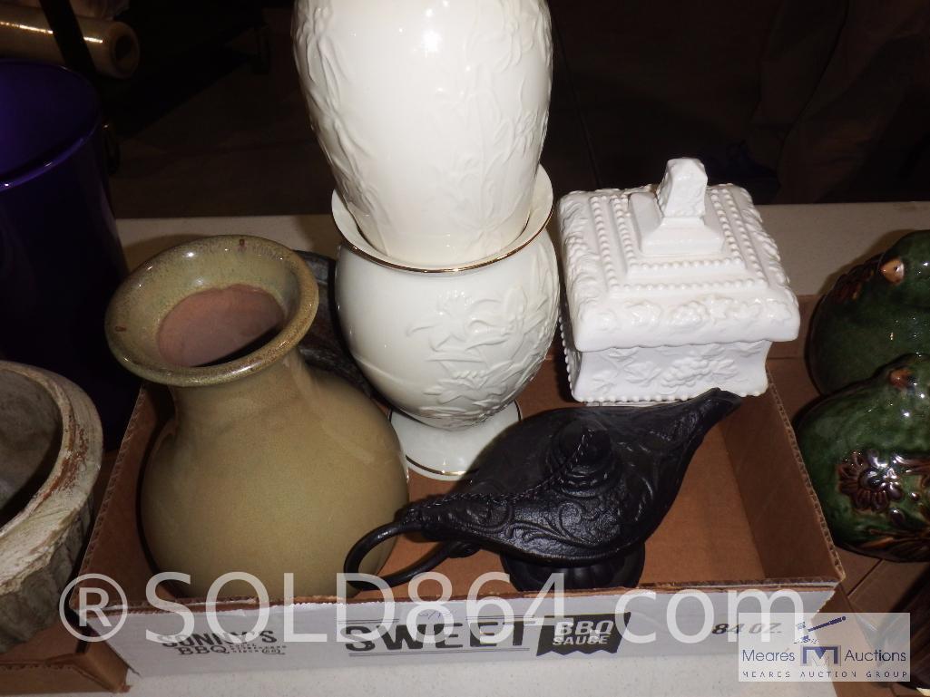 Three full boxes of decorative vases and glassware