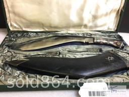 KUKRI KNIFE AND BLACK SHEATH WITH CUSTOM CASE AND SMALL KNIVES