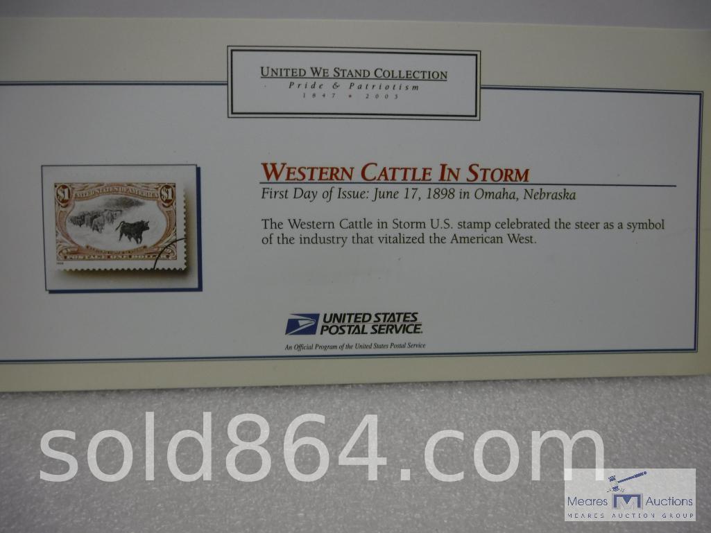 USPS - United We Stand - Western Cattle in Storm gold stamp and first day issue