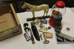 Box of Misc.: Jelly Bean Dispenser, Door Stop, Knives.