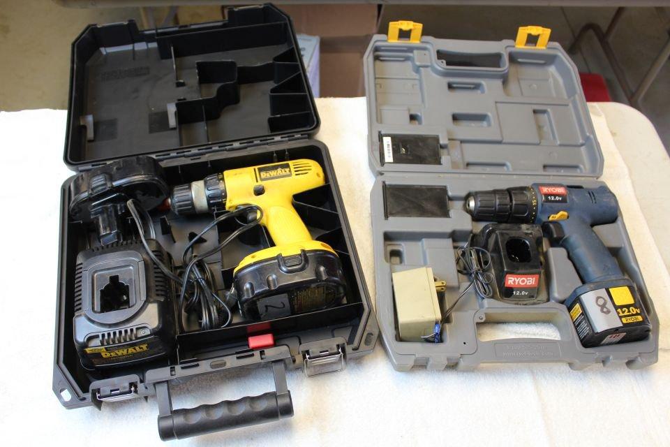 DeWalt 18V Drill, 2 Batteries & Charger and Ryobi 12V Drill.