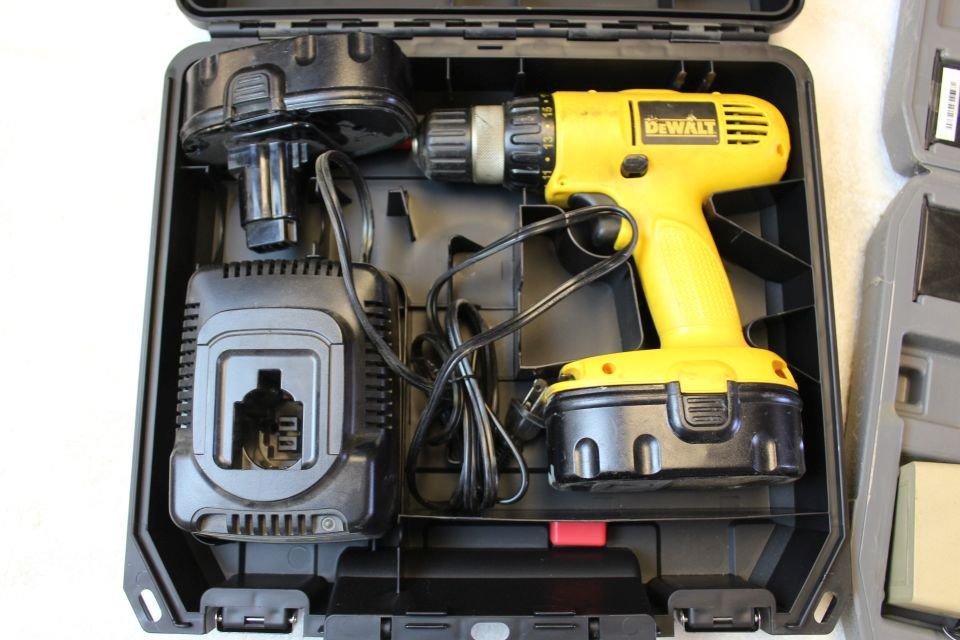 DeWalt 18V Drill, 2 Batteries & Charger and Ryobi 12V Drill.