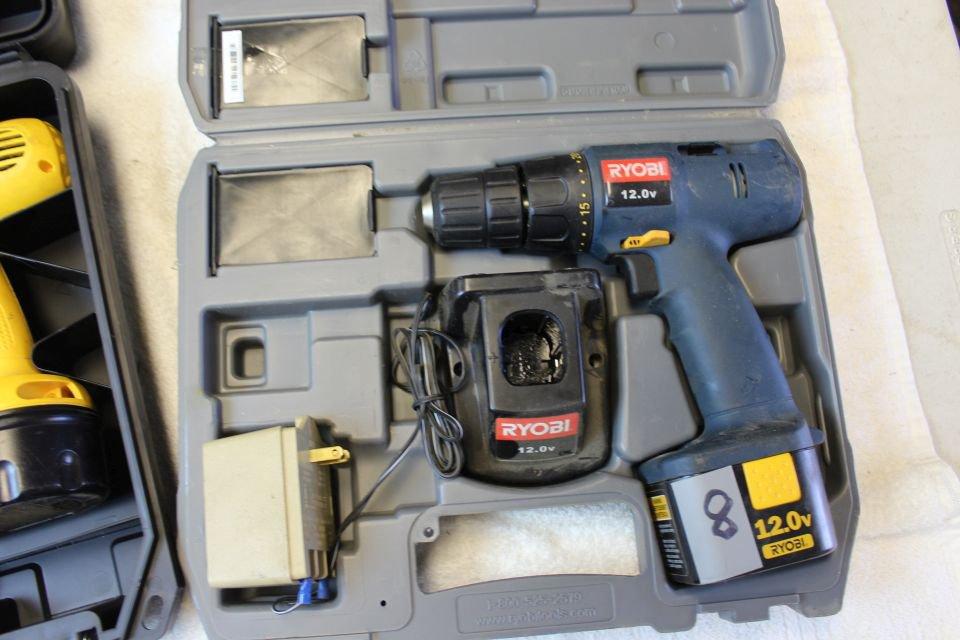 DeWalt 18V Drill, 2 Batteries & Charger and Ryobi 12V Drill.