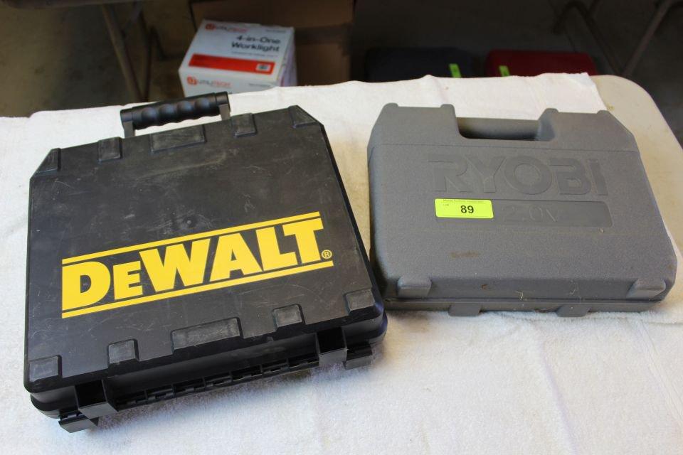 DeWalt 18V Drill, 2 Batteries & Charger and Ryobi 12V Drill.