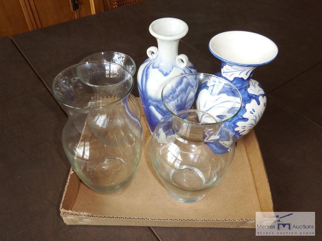 Clear glass and blue/white urns