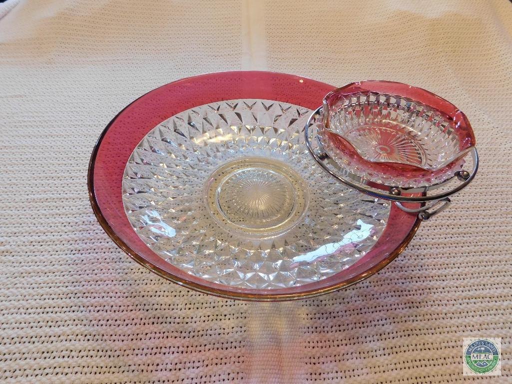 Cranberry Glass Chip & Dip Set