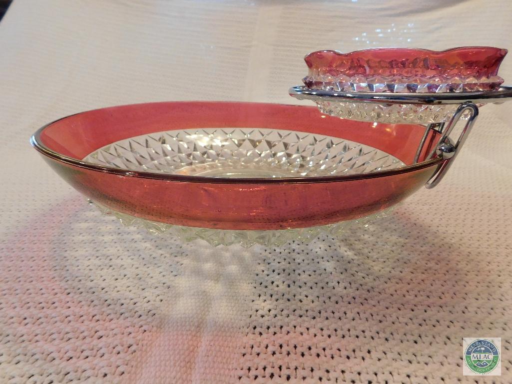 Cranberry Glass Chip & Dip Set