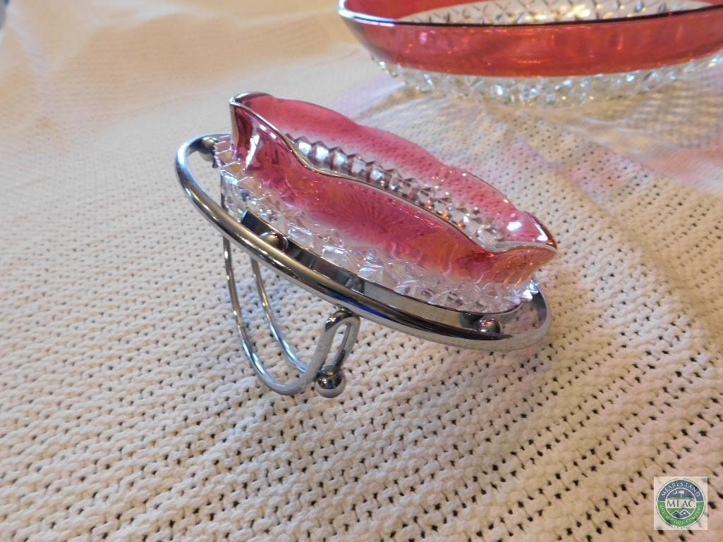 Cranberry Glass Chip & Dip Set