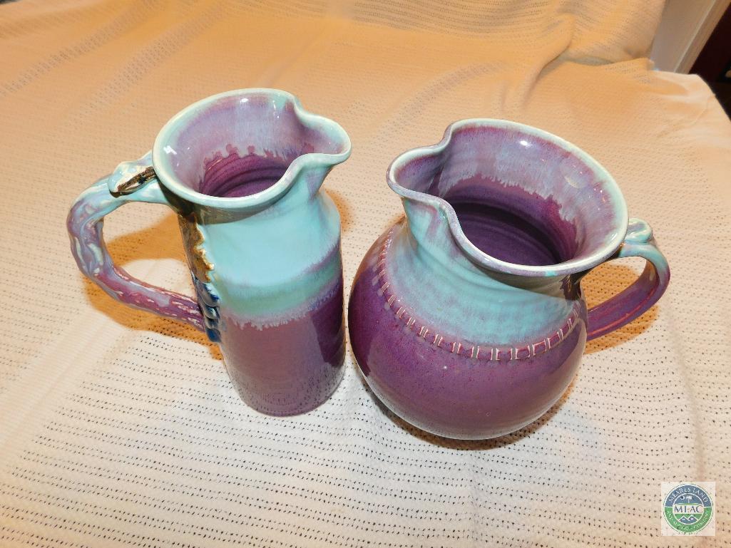 2 Pottery Grape Pitchers Signed "Grim 04"