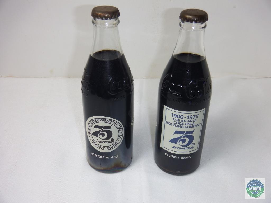 Lot of 2 Coca-Cola 75th Anniversary Clear Glass Bottle Full