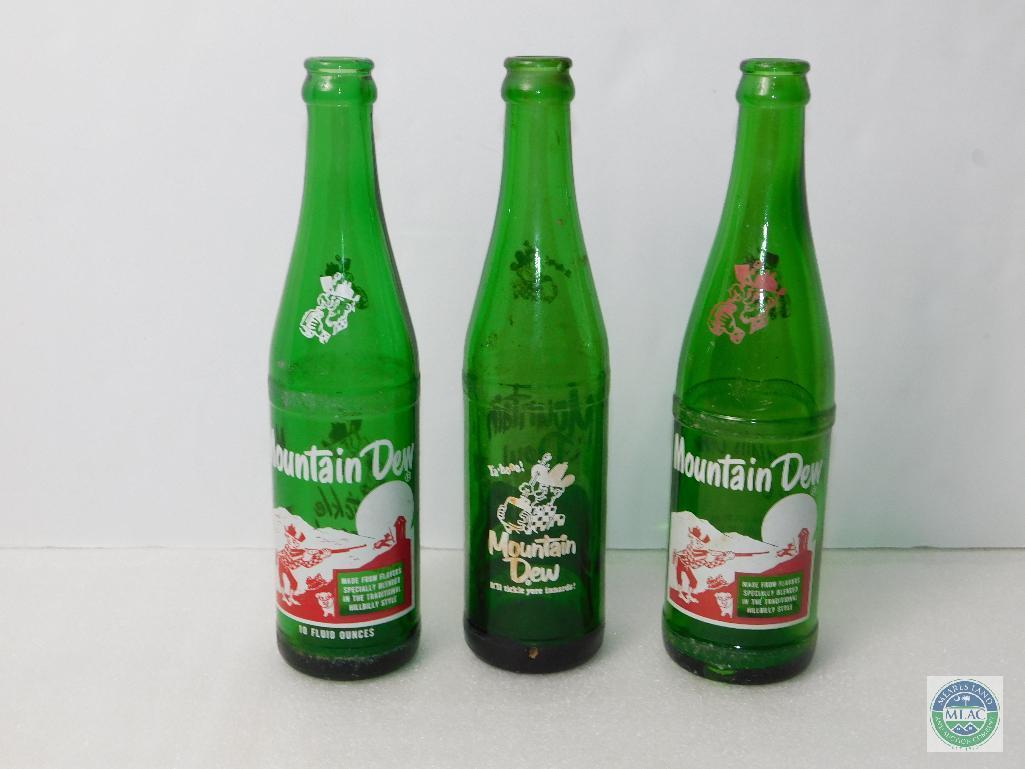 Lot of 3 Mountain Dew 10 & 12 oz Green Bottles Empty