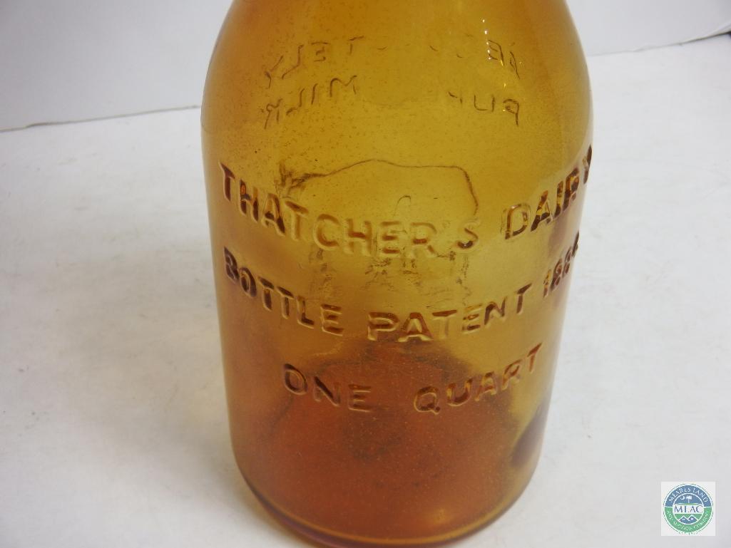 Thatcher Dairy 1 Quart Amber Glass Bottle Patent 1884 With Stopper