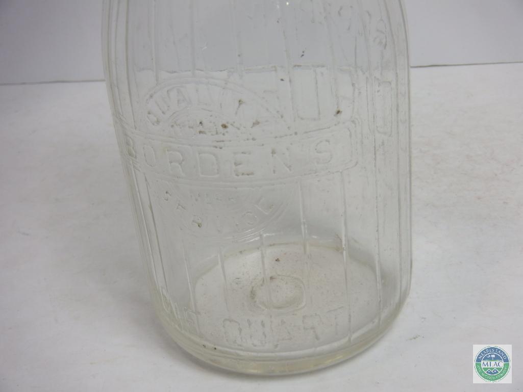 Bordens 1 Quart Clear Glass Ribbed Milk Jug Bottle