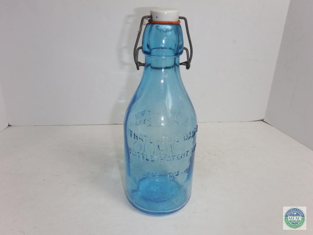 Thatcher Dairy 1 Quart Blue Glass Bottle Patent 1884 With Stopper