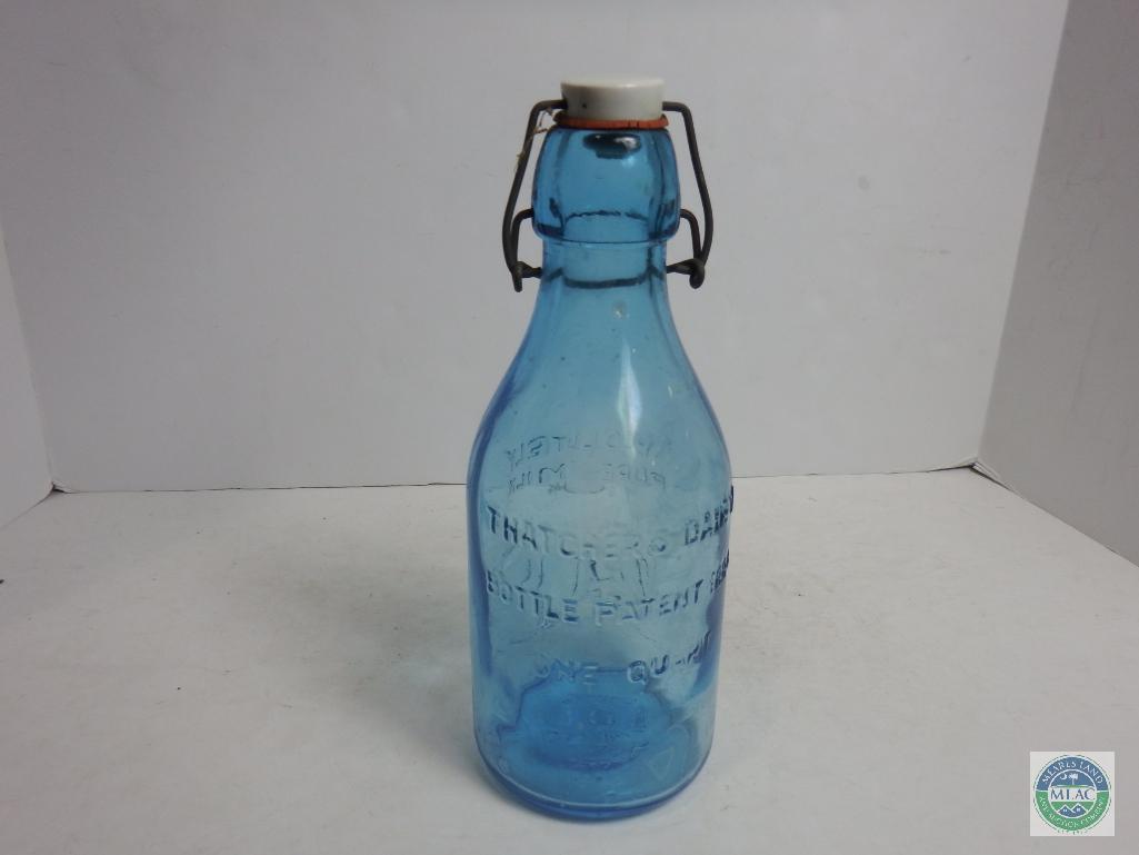 Thatcher Dairy 1 Quart Blue Glass Bottle Patent 1884 With Stopper