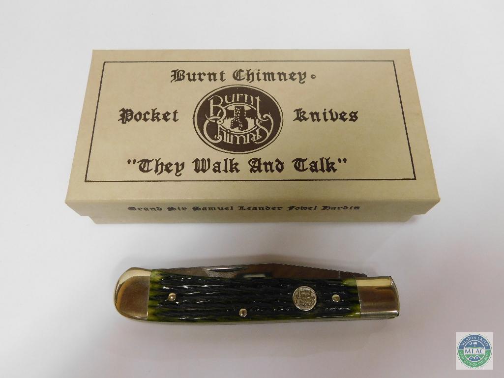 New Burnt Chimney Boker Knife Green Jigged Bone Handle Executive Trapper