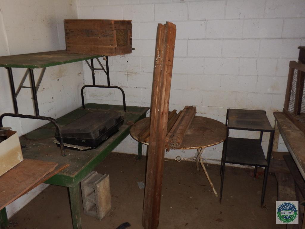 Lot Wood Tables, Vintage Crates, Stakes, Rabbit Cage, etc