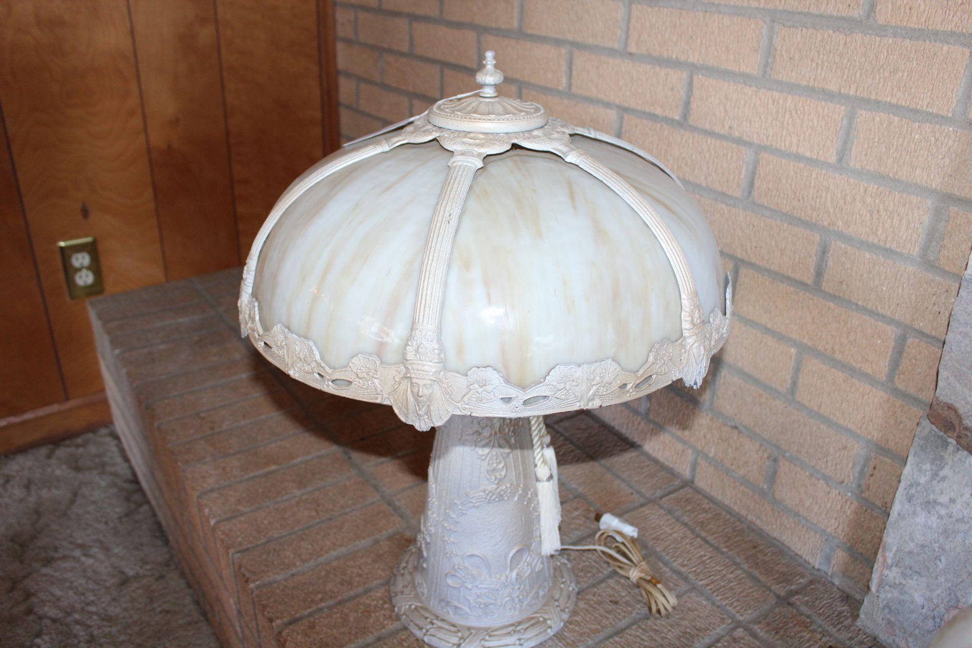 Heavy Cast Lamp with Stain Glass Shade.