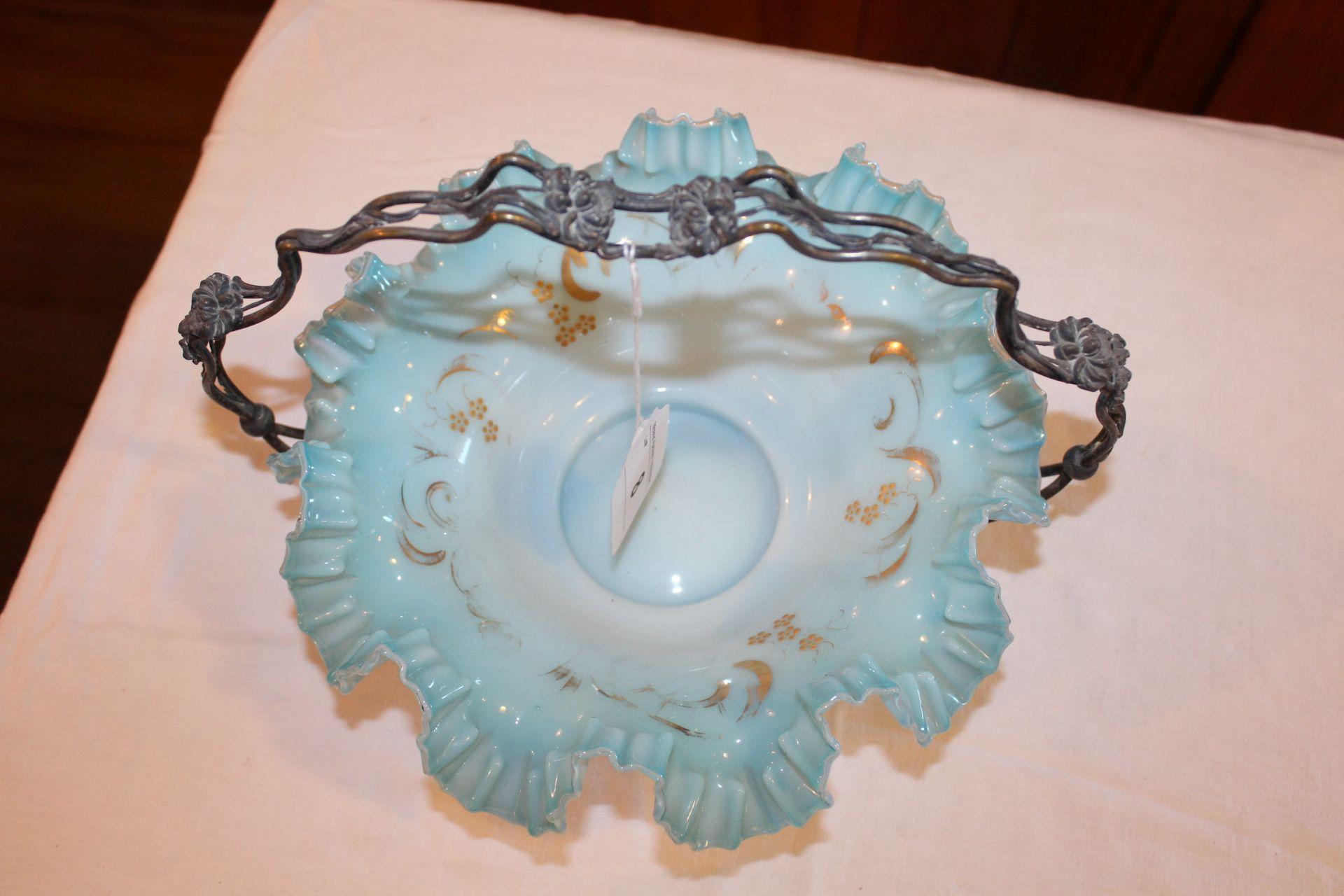Blue Fluted Glass Basket with Stand.