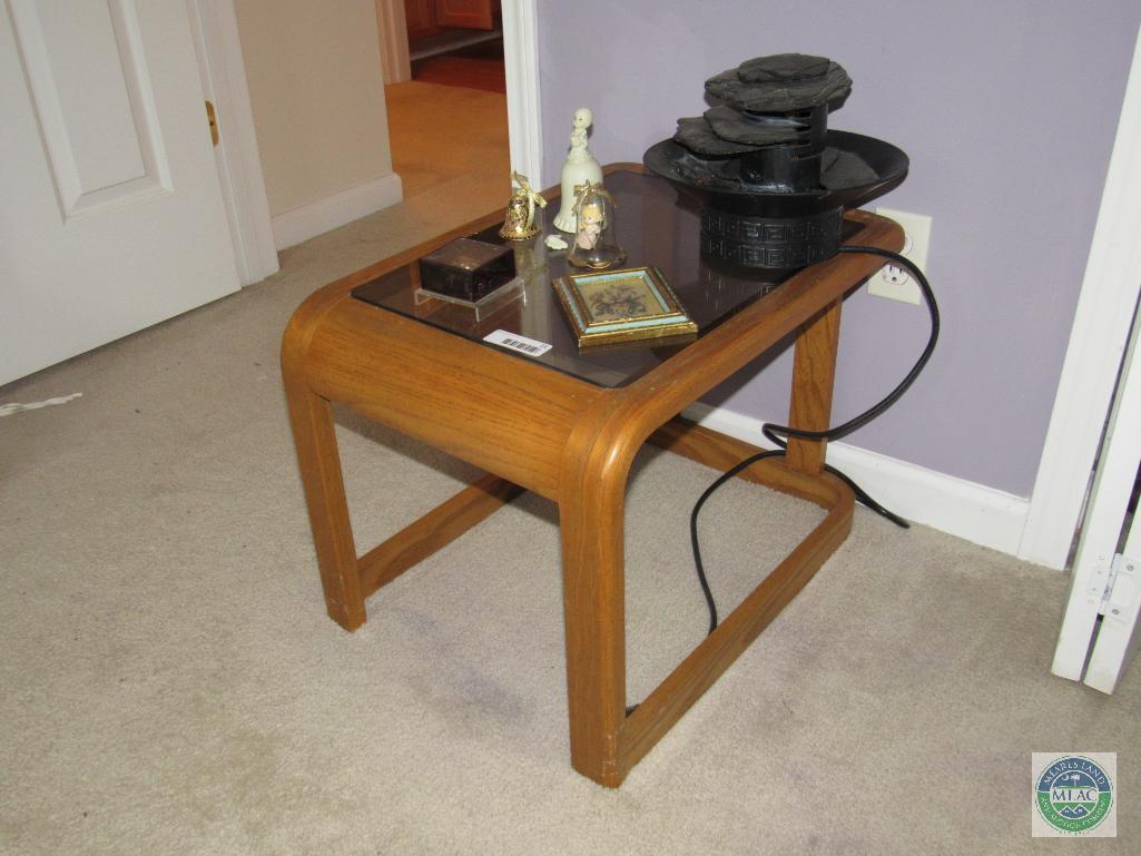 Wood and glass end table with contents