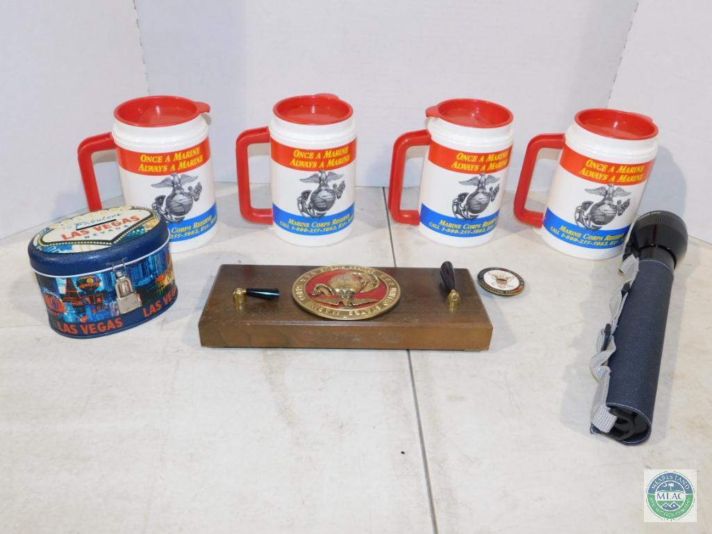 Lot 4 US Marine Mugs, Pen Holder, Pin, Flashlight & Tin