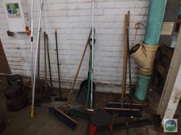 Lot of First Aid Kit Brooms Shovels Stools and Scrapers