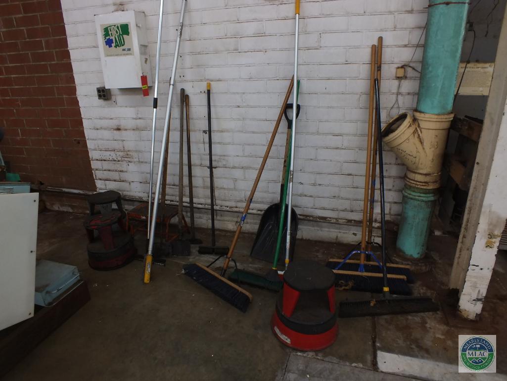Lot of First Aid Kit Brooms Shovels Stools and Scrapers
