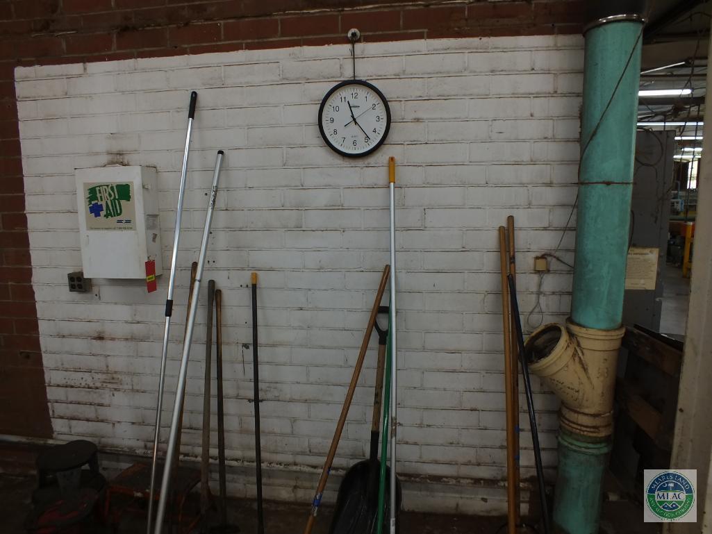 Lot of First Aid Kit Brooms Shovels Stools and Scrapers