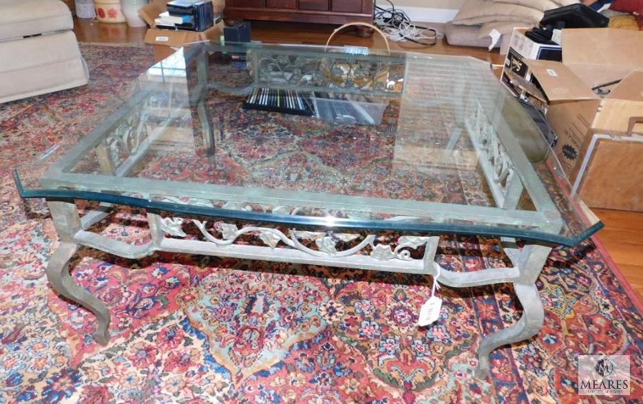 Glass Top Bronze Metal Leg Coffee Table