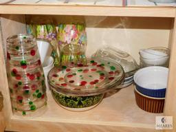 Contents Kitchen Cabinet - Lot Wooden Bowls, Glasses, Pyrex, etc