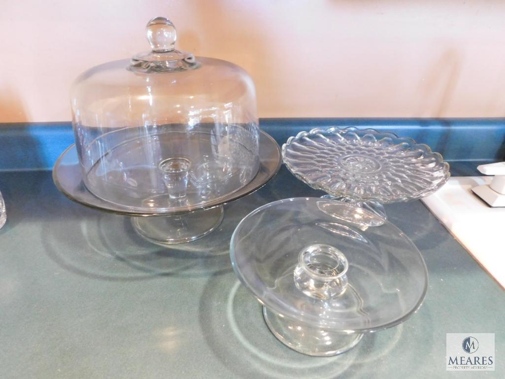 Lot 3 Glass Pedestal Cake / Pie Trays 1 Lid