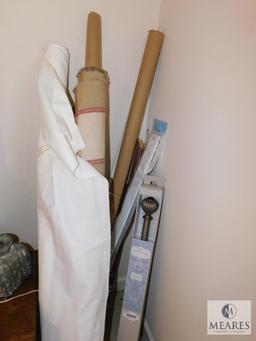 Lot of Curtain Rods and Accessories & Roll of Fabric