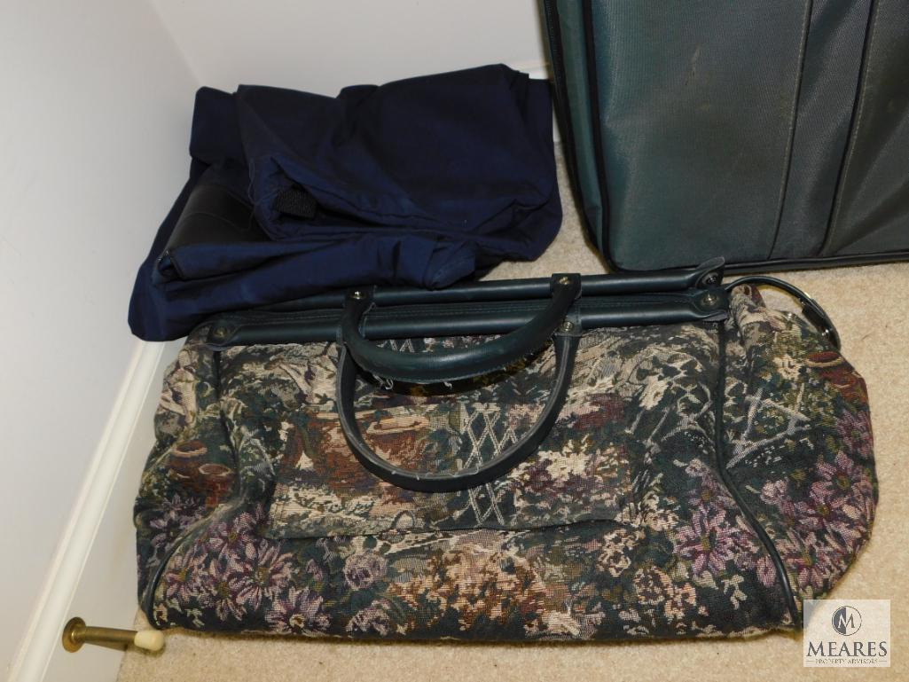 Lot of Travel Bags Samsonite Suitcase, Dress Bag, and Tapestry Bag