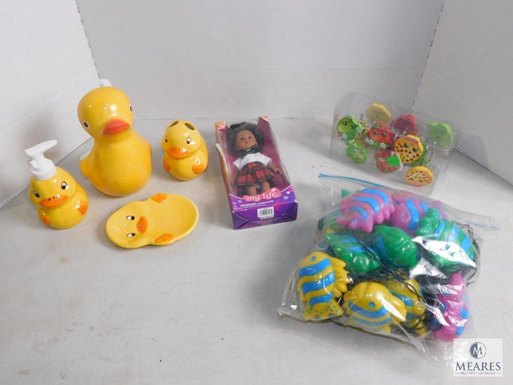 Lot Ceramic Duck Vanity Set, Shower Curtain Hooks, Fish String Lights, & Baby doll