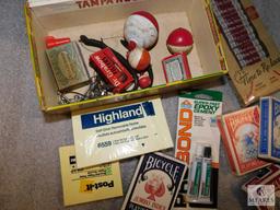 Lot Bicycle Playing Cards, Tampa Nugget Cigar Box, Shoe Laces, Post-Its, Fishing Bobbers, Cassettes