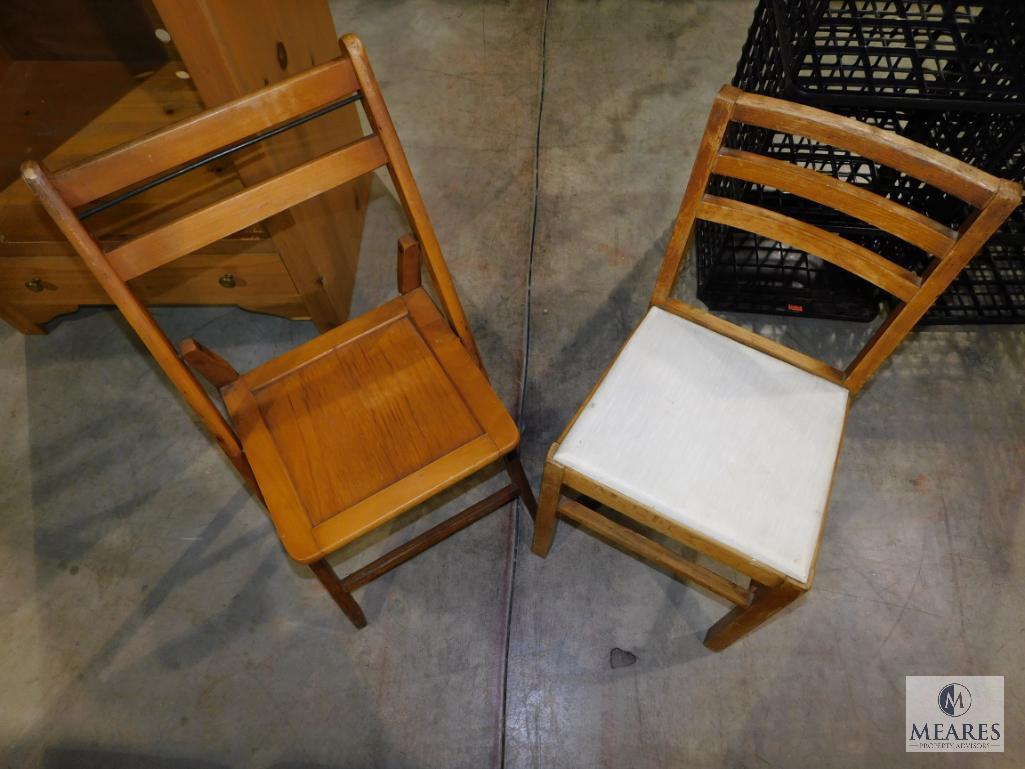 Lot 2 Vintage Wood Chairs 1 Folding and 1 with Vinyl Covered Cushion