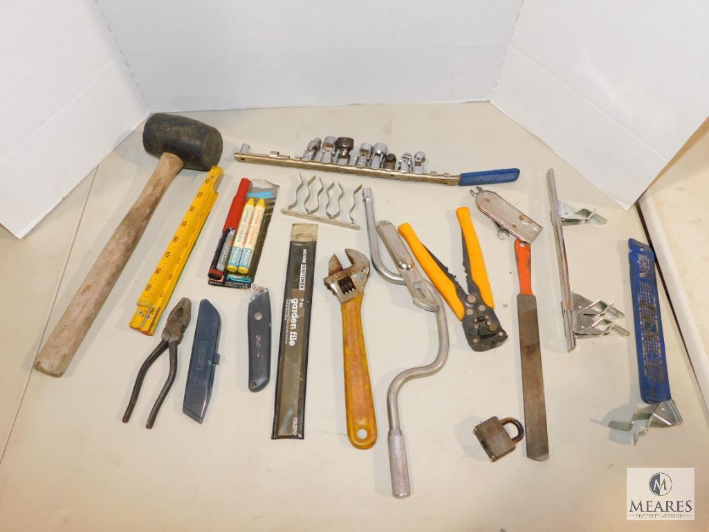 Lot Hand Tools Swivel Sockets, Mallet, Wood Handle, Rulers, Pliers, +