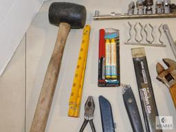 Lot Hand Tools Swivel Sockets, Mallet, Wood Handle, Rulers, Pliers, +