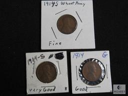 Lot 3 Wheat Penny Cent Coin 1914-S